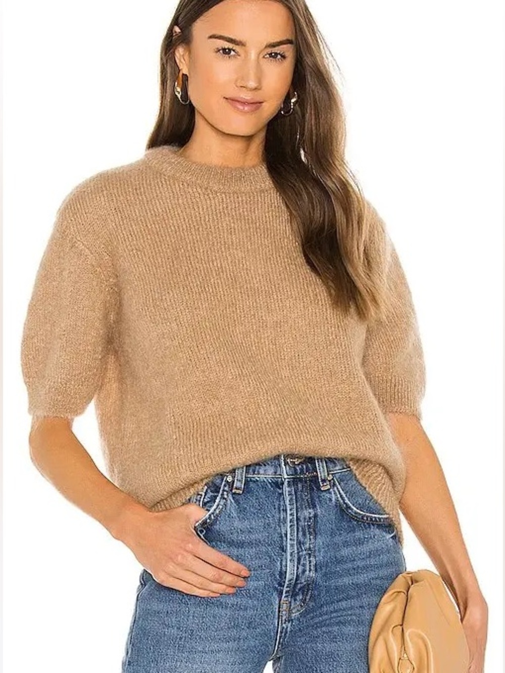 ANINE BING Corey Mohair Wool Sweater Beige Camel Size M Fuzzy